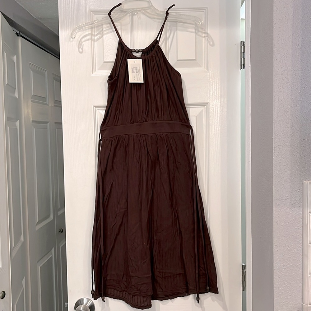 Ella Moss Brown Summer Dress. Crisscross top with wooden beads. S Lined.